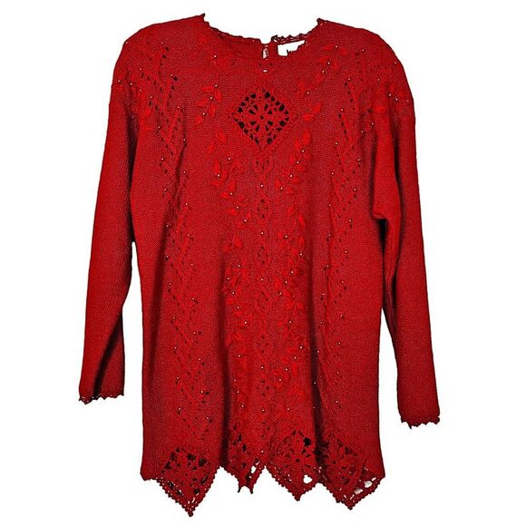VTG 80s 90s Joyce Red Pearl Button Embroidered Knit Sweater Size Large - Picture 1 of 6